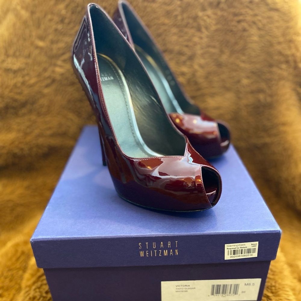 Stuart Weitzman Victoria patent leather formal high heel.